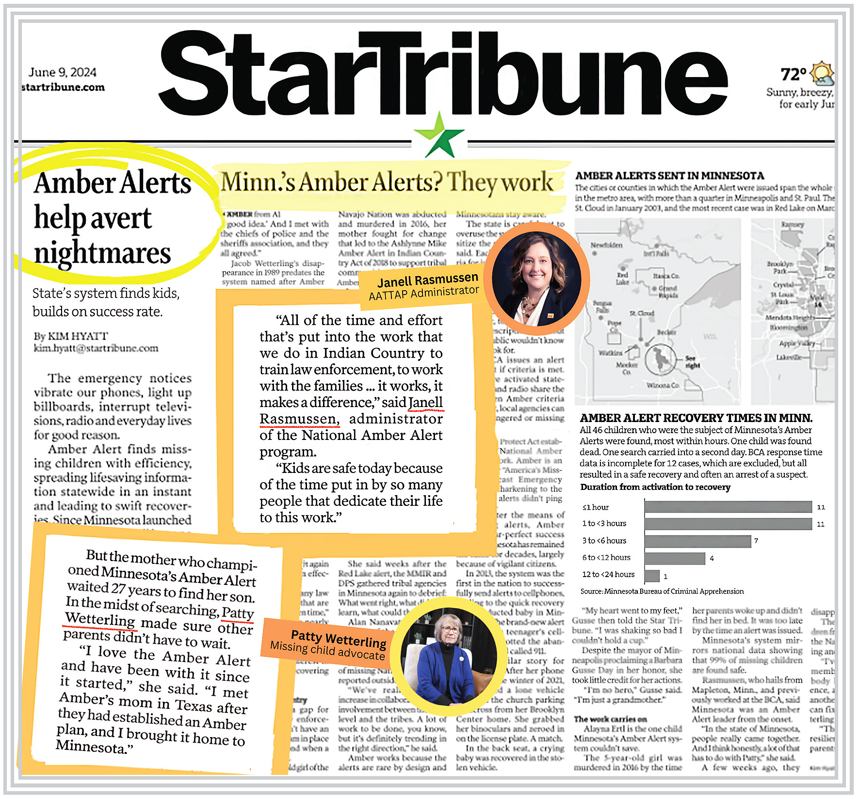 Illustration showing AMBER Alert-related feature that appeared on the front page of the Minneapolis, MN, Star Tribune newspaper. It shows two quotes, one from Janell Rasmussen, and the other from Patty Wetterling.