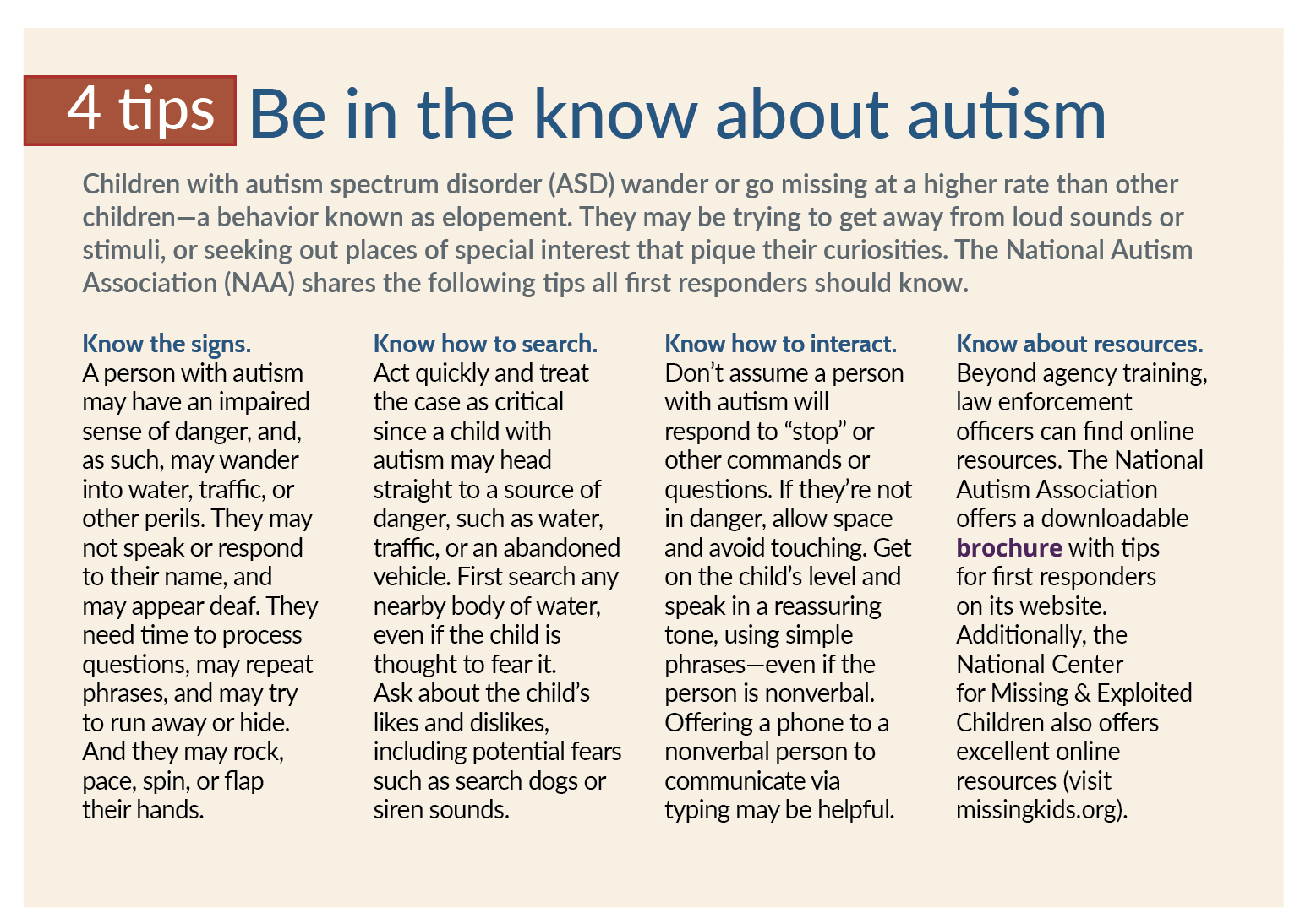 SIDEBAR with headline "4 tips: Be in the know about autism" [TEXT] Children with autism spectrum disorder (ASD) wander or go missing at a higher rate than other children—a behavior known as elopement. They may be trying to get away from loud sounds or stimuli, or seeking out places of special interest that pique their curiosities. The National Autism Association (NAA) shares the following tips all first responders should know. • Know the signs: A person with autism may have an impaired sense of danger, and, as such, may wander into water, traffic, or other perils. They may not speak or respond to their name, and may appear deaf. They need time to process questions, may repeat phrases, and may try to run away or hide. And they may rock, pace, spin, or flap their hands. • Know how to search: Act quickly and treat the case as critical since a child with autism may head straight to a source of danger, such as water, traffic, or an abandoned vehicle. First search any nearby body of water, even if the child is thought to fear it. Ask about the child’s likes and dislikes, including potential fears such as search dogs or siren sounds. • Know how to interact: Don’t assume a person with autism will respond to “stop” or other commands or questions. If they’re not in danger, allow space and avoid touching. Get on the child’s level and speak in a reassuring tone, using simple phrases—even if the person is nonverbal. Offering a phone to a nonverbal person to communicate via typing may be helpful. • Know about resources: Beyond agency training, law enforcement officers can find online resources. The National Autism Association offers a downloadable brochure with tips for first responders on its website. Additionally, the National Center for Missing & Exploited Children also offers excellent online resources (visit missingkids.org).