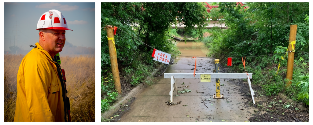 One photo showing Denton, Texas, Fire Department Battalion Chief David Boots. The other photo showing a flooded section of the north Texas Greenbelt Corridor.