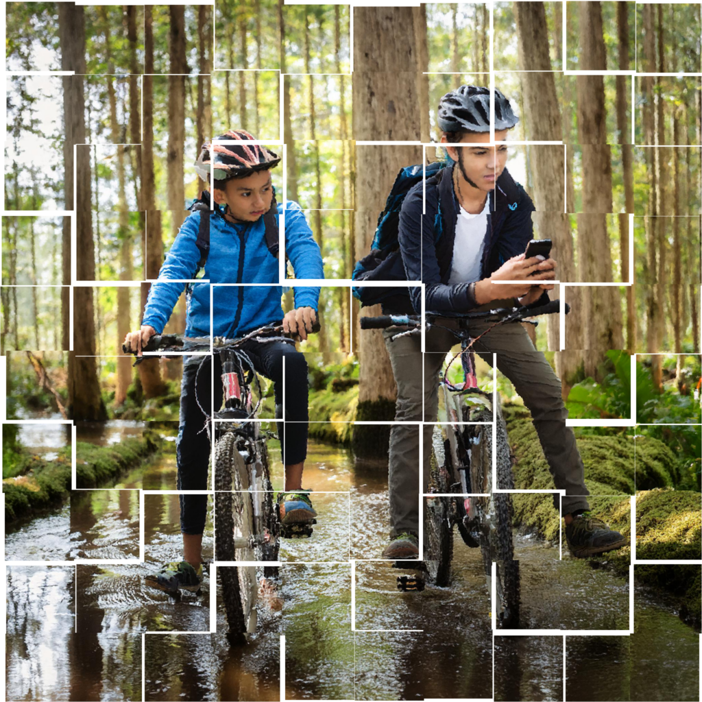 AI-generated photo illustration of two boys in a swampy forest using a cell phone to find help