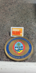 Gold challenge coin for the Governor of Guam and AMBER Alert pin.