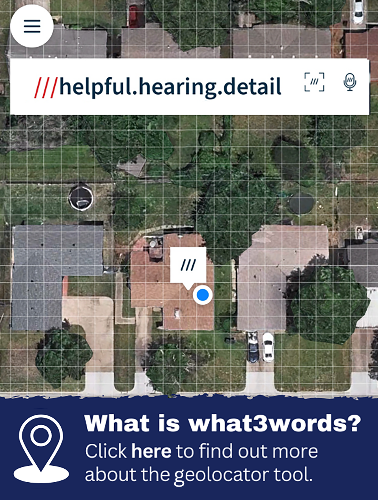 Image of screen with what3words app in use, with embedded URL link to more information.