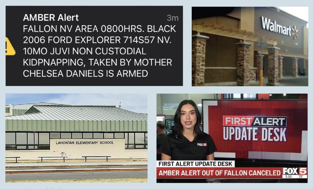 Collage of four images showing the AMBER Alert cell phone message, a Walmart, an elementary school, and a news report