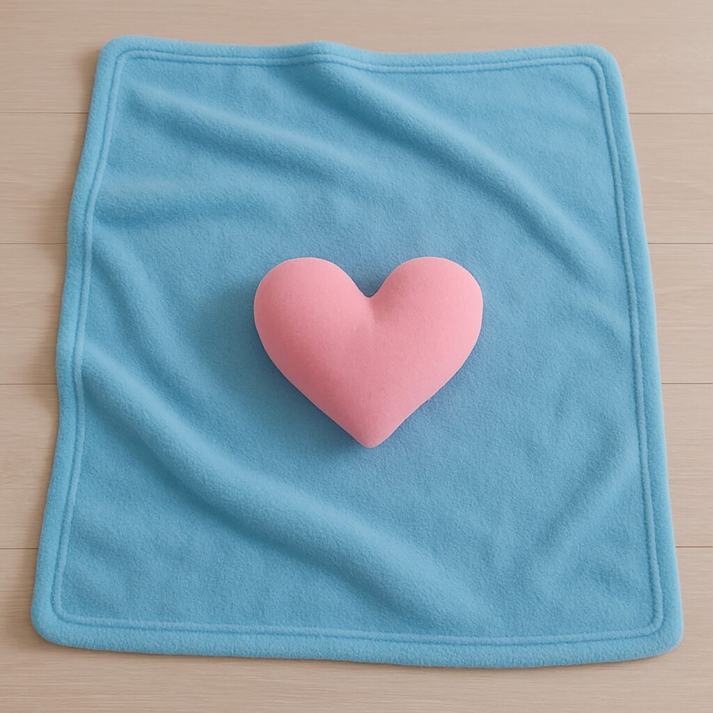 Photo illustration of a blue blanket with a pink heart pillow