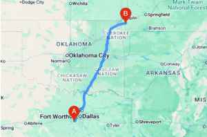 Map showing route between a Texas and a Missouri city.