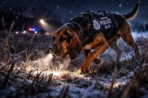 Omaha Police K-9 dog searching in a snowy field at night