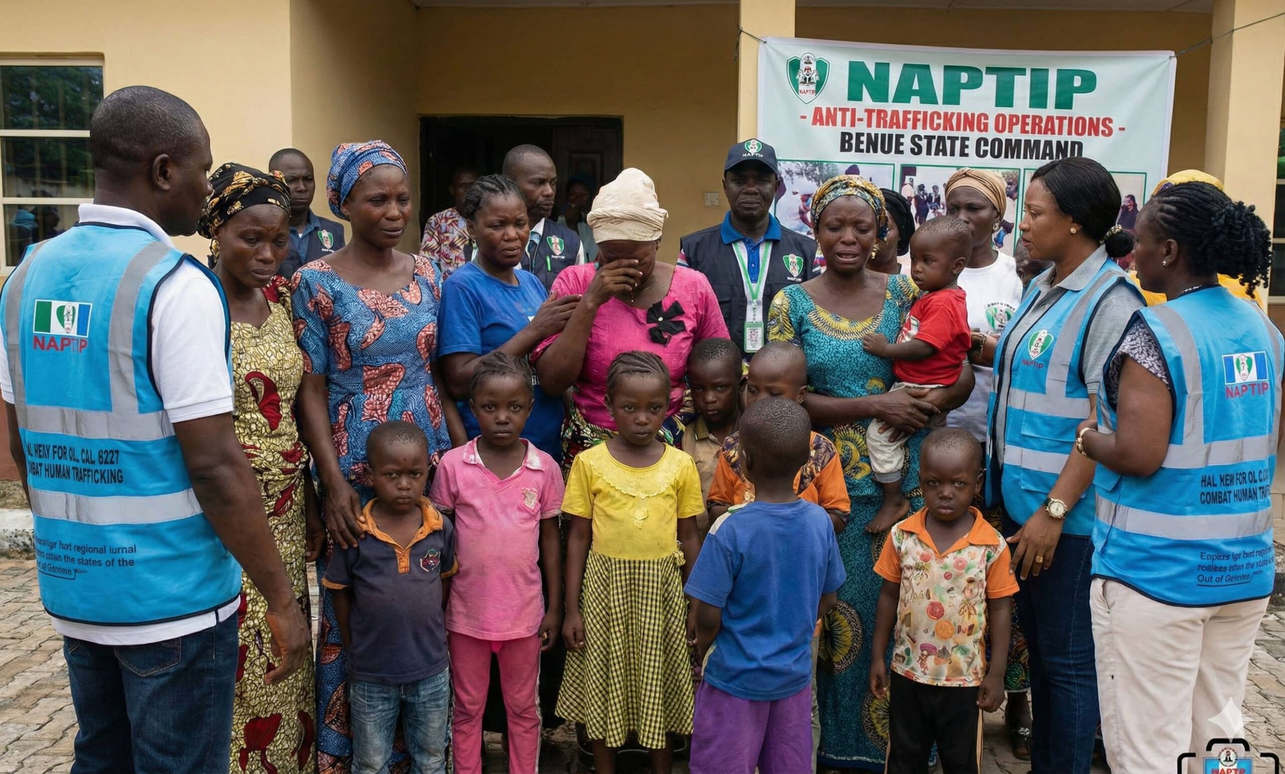 Group of Nigerians representing NAPTIP standing amid some young people and their care givers.