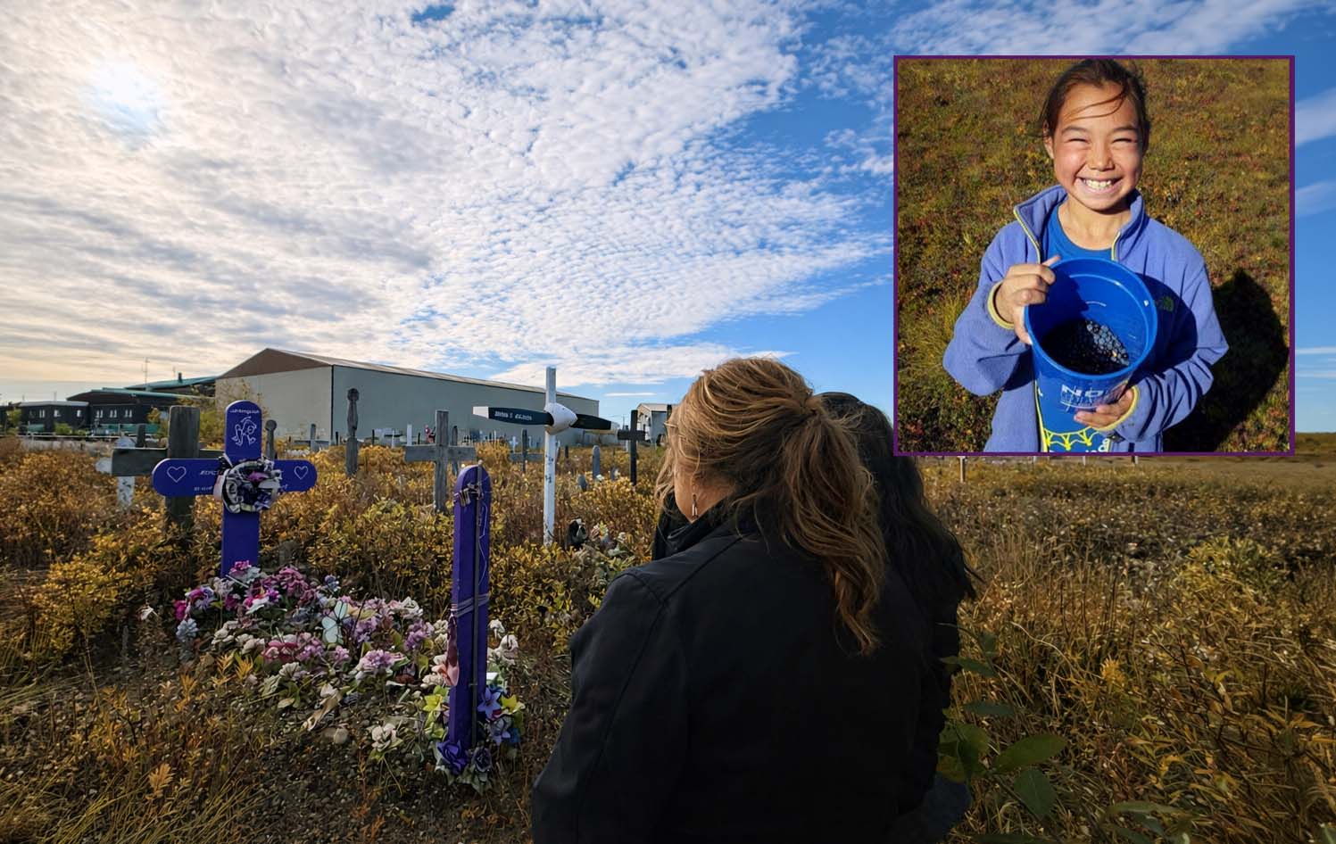 People looking at gravesites with crosses and the area is covered in tall grasses and natural wildflowers in the late fall stage of maturity. A picture of Ashley Johnson Barr holding a bucket of blueberries is overlayed in the sky.