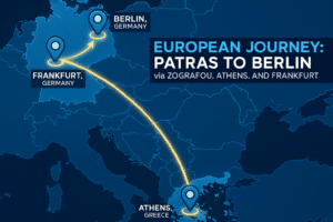 Map of Europe with points of interest marked for Athens, Greece; and Frankfurt and Berlin, Germany. The map is titled "European Journey: Patras to Berlin via Zografou, Athens, and Frankfurt"