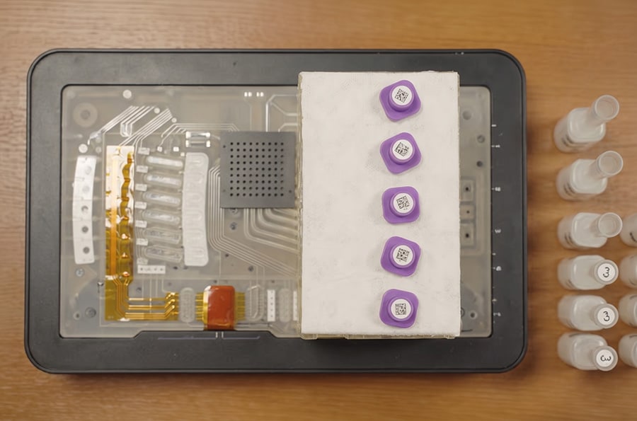 DNA testing device and specimens in small plastic bottles