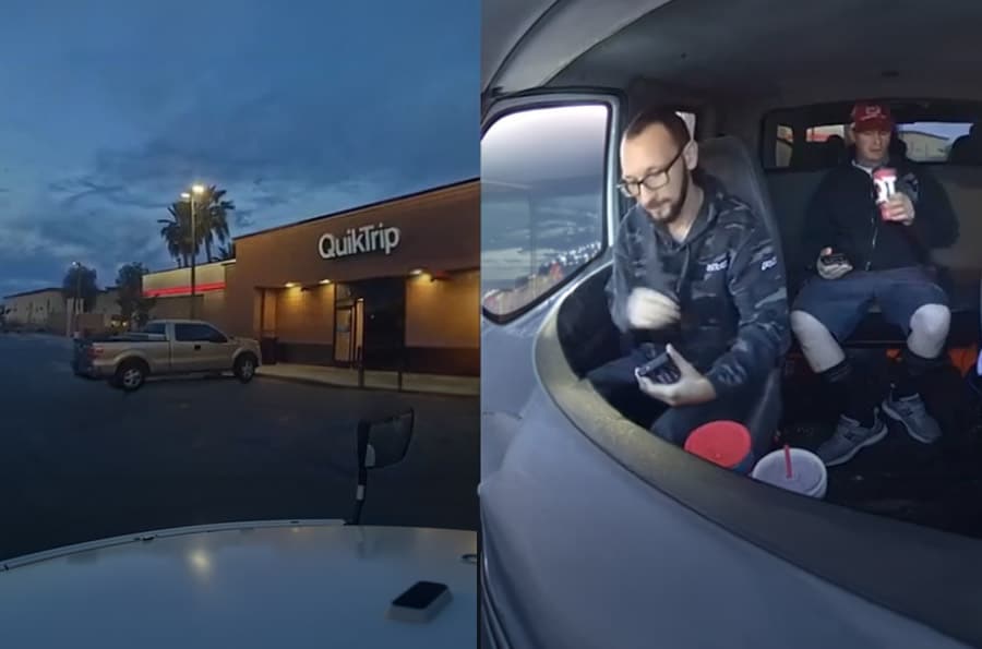 Camelback Movers Avondale dashcam showing Quicktrip parking lot with pickup at dusk on left and inside of truck with two men on right