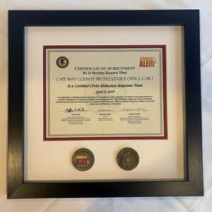Cape May Child Abduction Response Team USDOJ certification plaque.