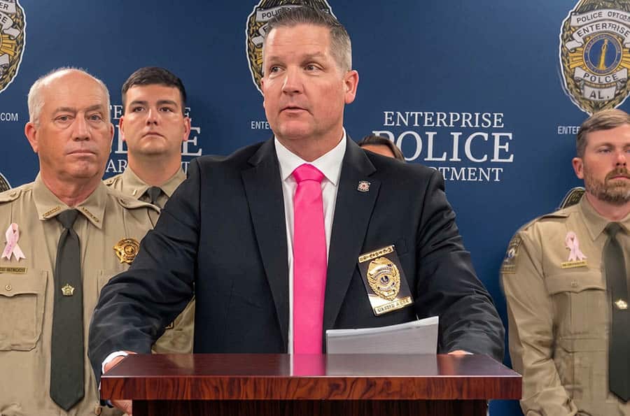 Enterprise, Alabama, Police Chief conducting a press conference.