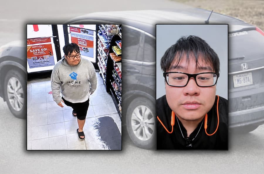 Composición de dos fotos del sospechoso —un fotograma de una cámara de seguridad de Circle K y un primer plano de perfil con gafas— superpuesta sobre un Honda CR-V gris oscuro (matrículas de NE).