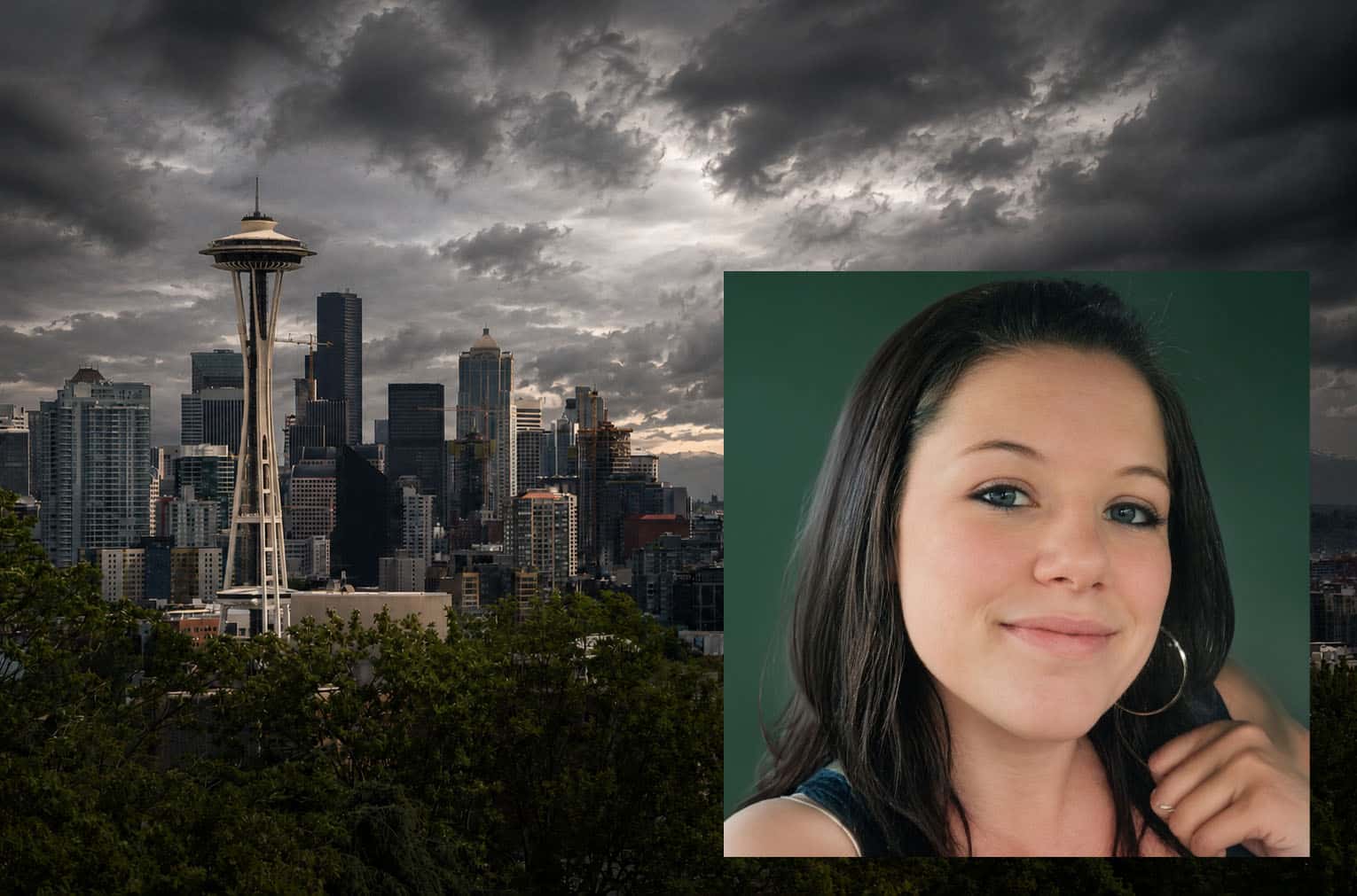 Portrait of Jessika Svengard over the Seattle skyline with cloud gray sky.