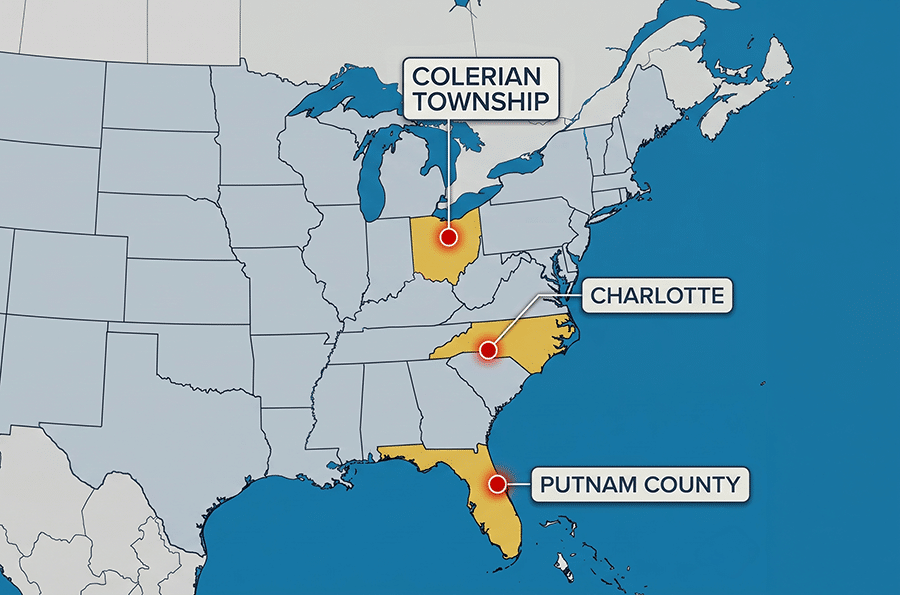 Map of the United States with Colerian Township, Ohio, Charlotte, North Carolina, and Putnam County, Florida marked. 