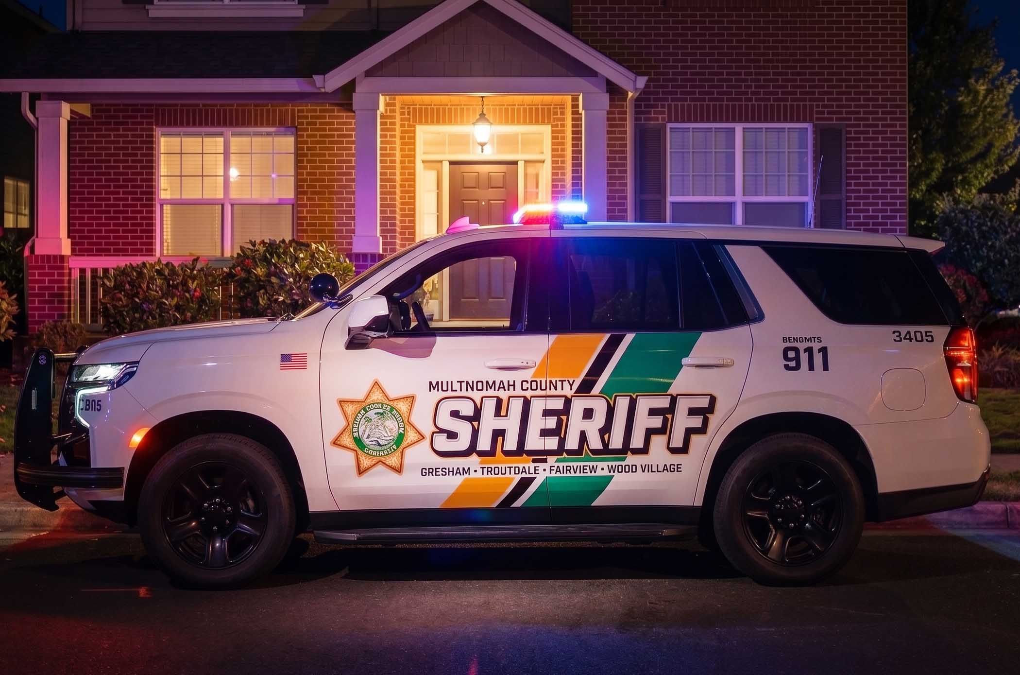Multnomah County Sheriff SUV in front of house at night.