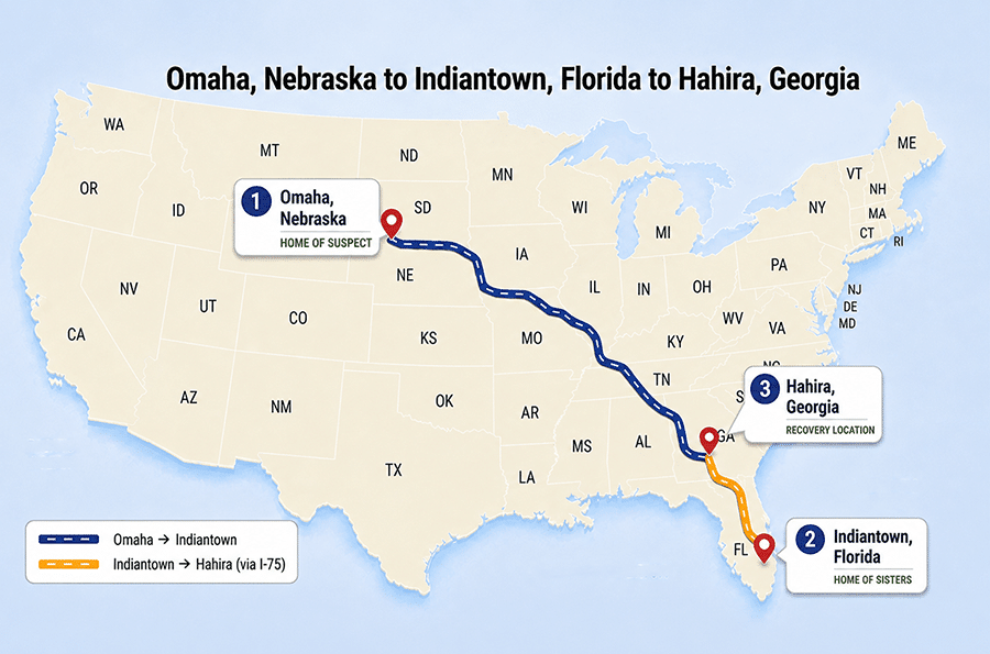 Infografía de un mapa de EE. UU. que sigue la ruta del sospechoso desde Omaha, NE hasta Indiantown, FL (línea azul) y la ruta de recuperación hasta Hahira, GA (línea naranja).
