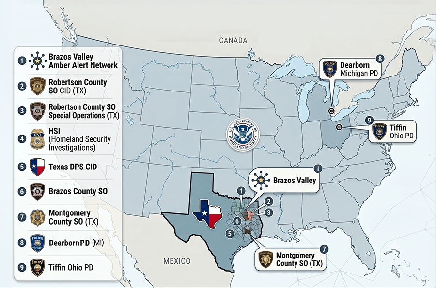 Mapa de Estados Unidos con jurisdicciones en el condado de Robertson (TX), Departamento de Policía de Tiffin (OH) y Departamento de Policía de Dearborn (MI) marcadas