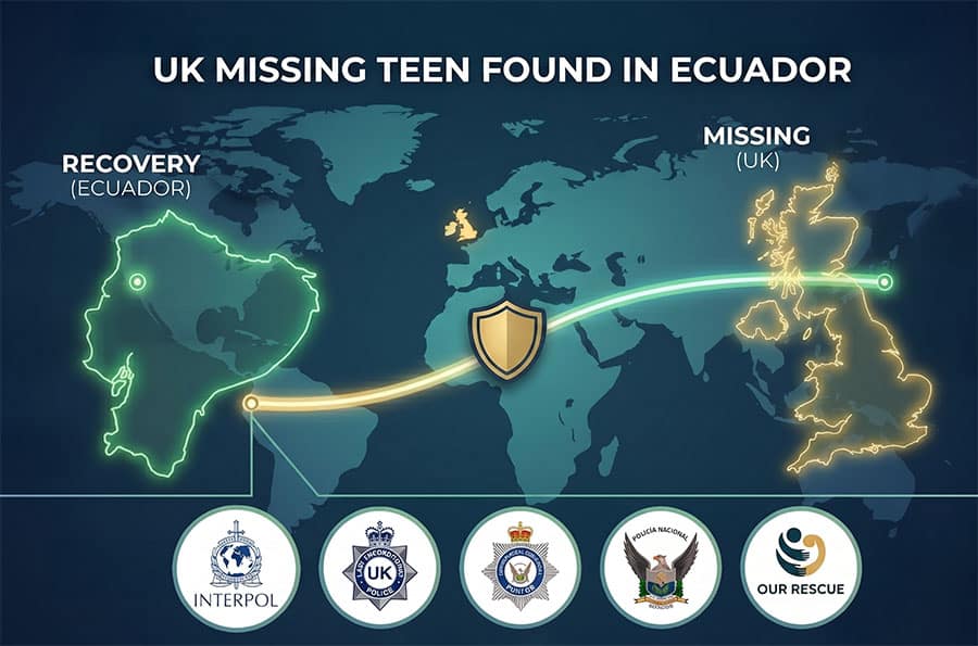 Titular sobre adolescente británica desaparecida hallada en Ecuador. Mapa del globo con superposiciones de mapas del Reino Unido y Ecuador. Los logotipos de Interpol, la policía del Reino Unido y de Ecuador y Our Rescue aparecen en la parte inferior.