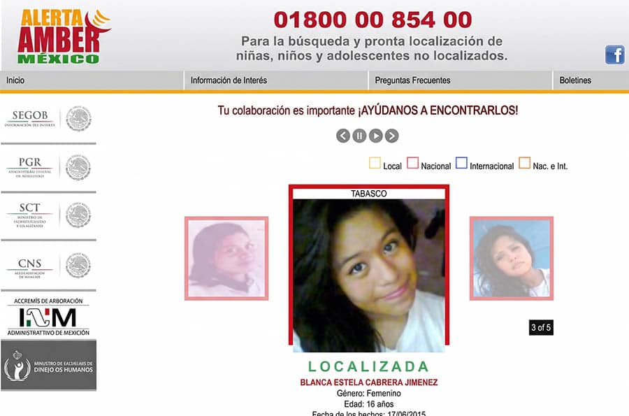 Página de inicio del sitio web de Alerta AMBER México
