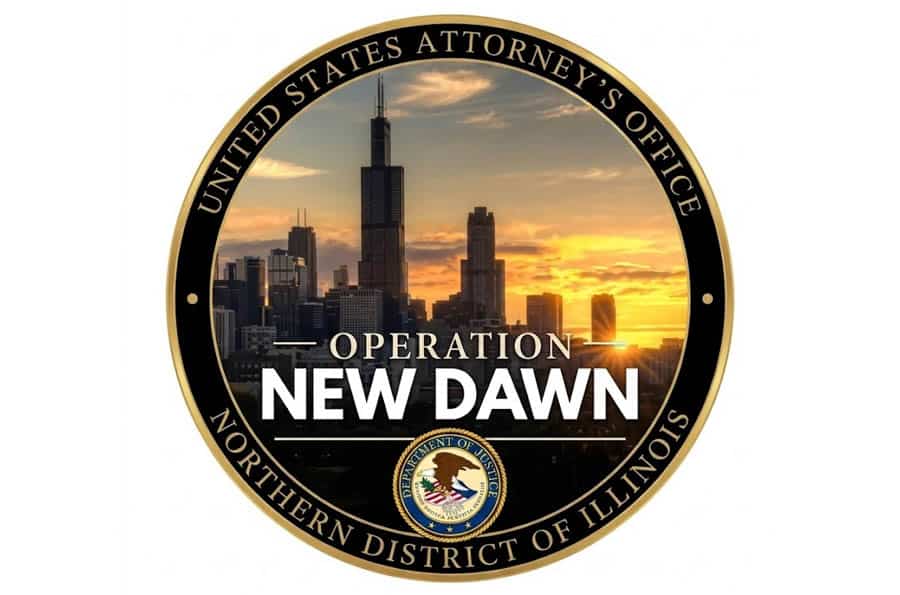 US Attorney's Office Northern District of Illinois Operation New Dawn badge with image of Chicago downtown at dawn.