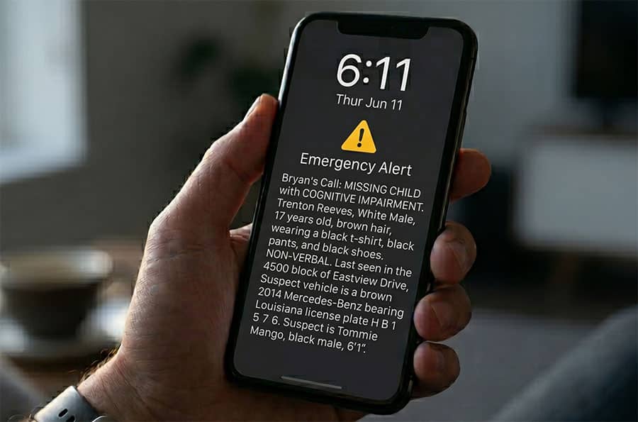 Wireless Emergency Alert fo Louisiana's frist Bryan Alert displayed on smartphone