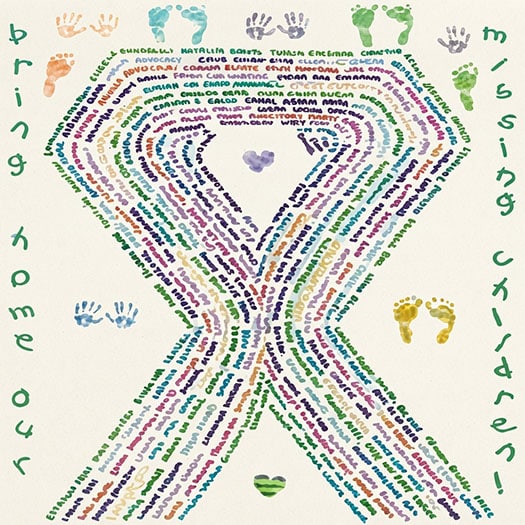 Winning Missing Children's Day 2009 poster showing a ribbon with children's names as well as "Bring Our Missing Children Home"
