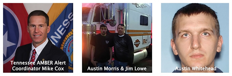 Mike Cox in front of flag; Austin Morris and Jim Lowe by truck; Austin Whitehead mugshot