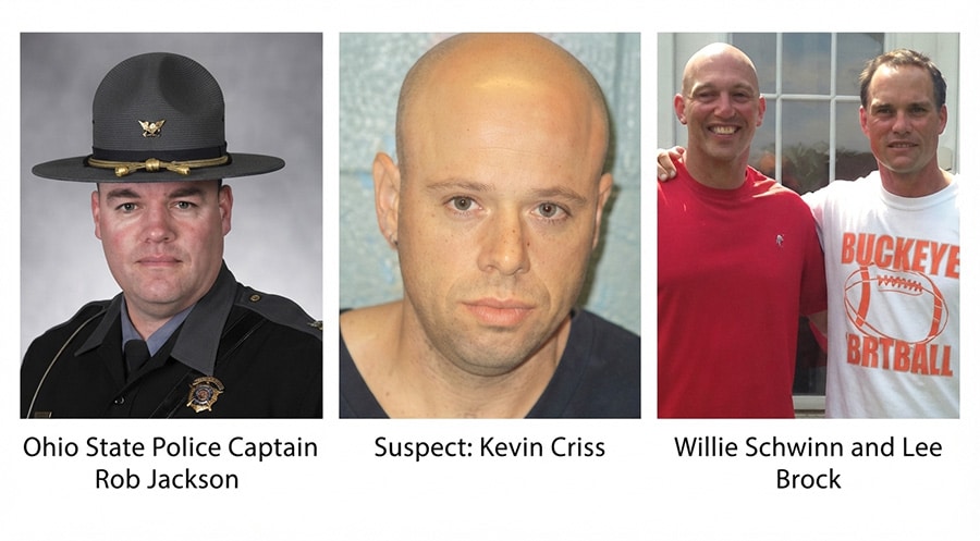 Tres fotos: el capitán Rob Jackson; el sospechoso Kevin Criss; y Willie Schwinn y Lee Brock